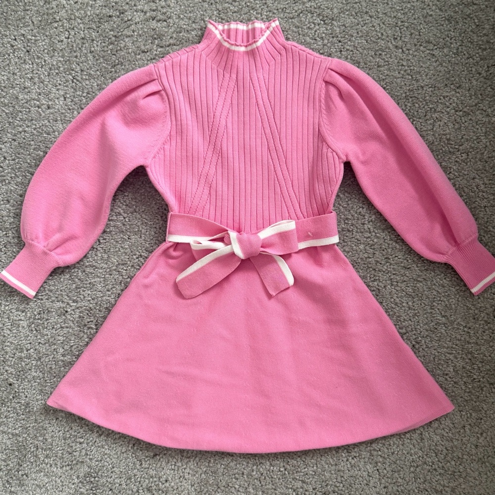 GB girls Pink Knit Belted Dress with Contrast Trim